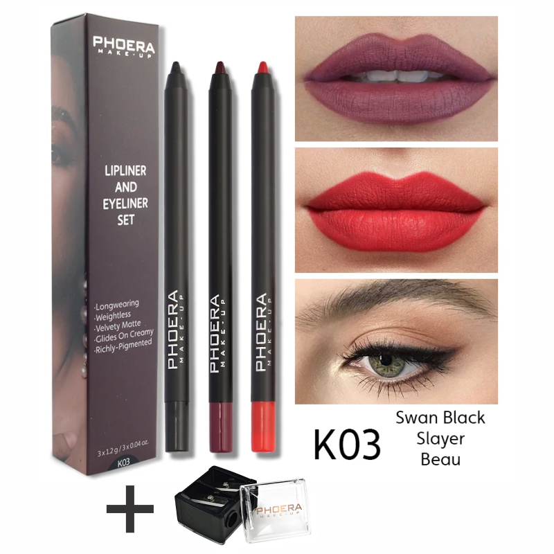 Matte Lip Liner & Eyeliner Kit With Phoera Makeup Pencil Sharpener