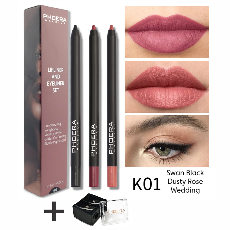 PHOERA Matte Lip Liner & Eyeliner Kit With Sharpener Combo